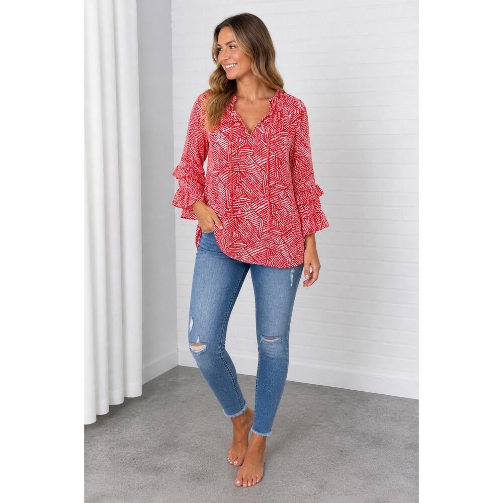 First Love by Lovelyn Red White Boho Blouse Womens 2X Ruffle Sleeve Tie Neck Top